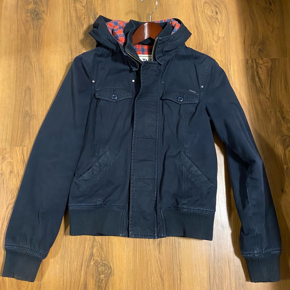 109-TNA Navy Distressed Hooded Bomber Jacket